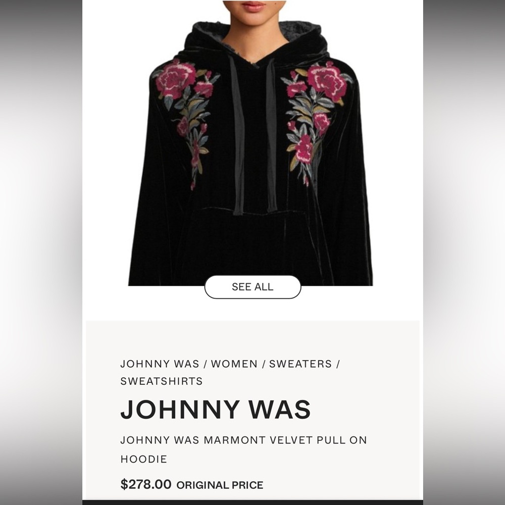 Johnny Was marmont embroidered roses, velvet pull on hoodie